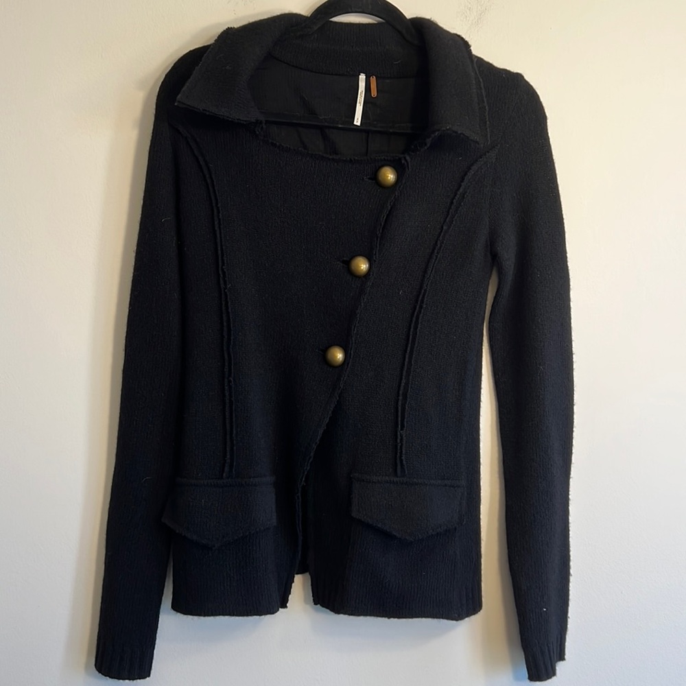 Free People Women’s 100 % Lambs Wool Embroidered Black Button Up Sweater